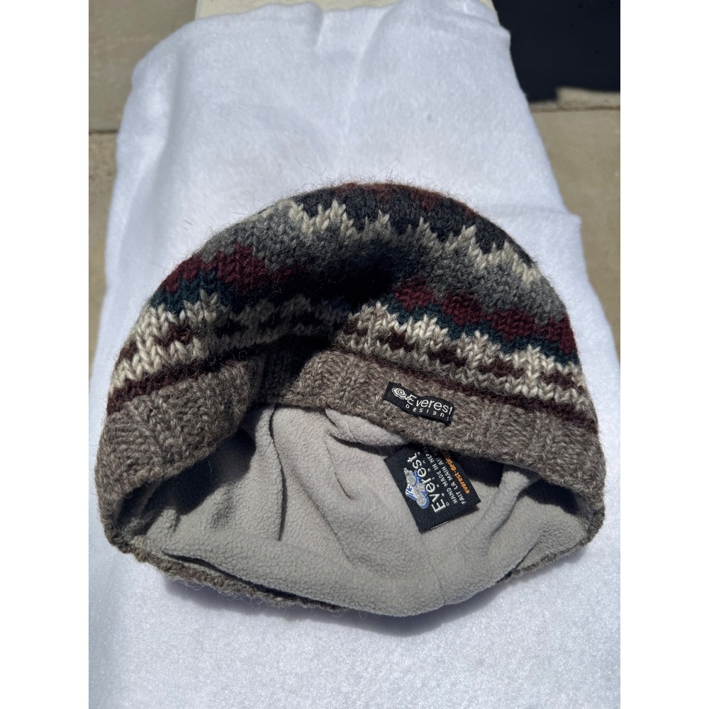 Everest Designs Wool Beanie Hat Fleece Lined Fair Isle Knit Nepal Brown Grey - Picture 4 of 4